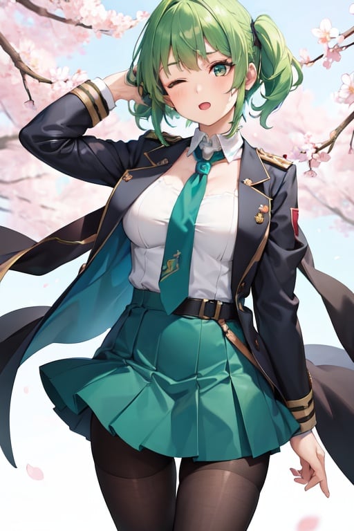 Image of 1girl, solo, intricate detail, green hair, aqua eyes, one eye closed, military uniform, pantyhose, neckerchief, cherry blossoms