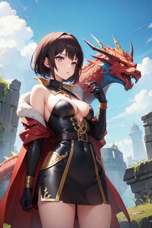 Image of 1girl, heroes,  big dragon, The ruined city, fantasy style, magic