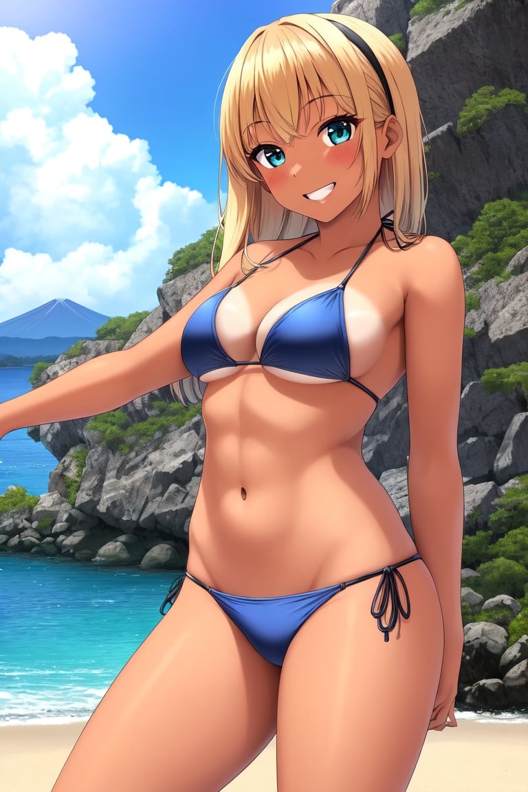 Image of ghibli ,1 girl,solo,teenage,toned,tan,bikini,beach,mt fuji,smile,8k