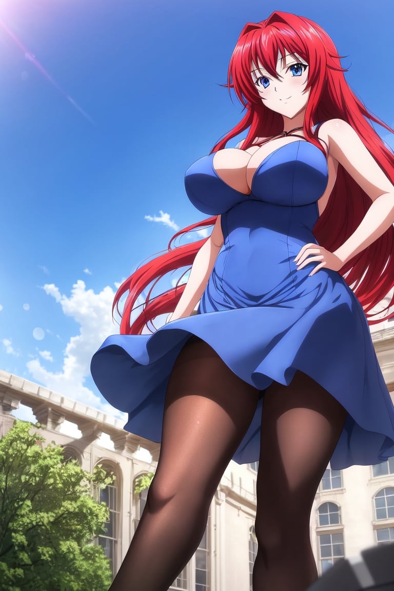 Image of absurdres, high school dxd, rias gremory, long hair, red hair, blue eyes, large breasts, cleavage, sleeveless dress, blue dress++, pantyhose, brown legwear++, strappy heels, looking at viewer, facing viewer, from below, smile, hands on hips, wind lift, outdoors, sunrise+, balcony, masterpiece+++