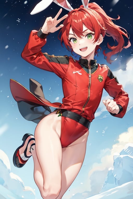 Image of 1boy, solo, realistic, running, red hair, green eyes, evil smile, ponytail, rabbit ears, leotard, slippers, snowing
