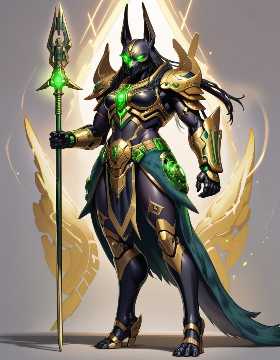 Image of 1 female,Anubis,Synthetic fur,anthropomorphic,synthetic body,Warhammer 40k,Necron,C'tan,Star Goddess,(Silver,green,black and gold metal body),Necrodermis body,robot body,Pure energy body encased in robot one,wielding Cosmic powers,large breasts,thick thighs,muscular physic,muscular female,best quality,masterpiece