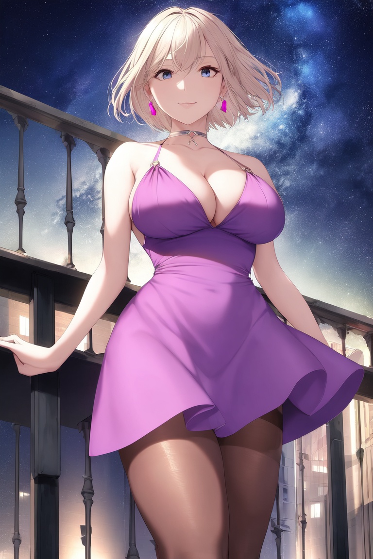 Image of absurdres, 1girl, short hair, platinum blonde hair, blue eyes, huge breasts, cleavage, sleeveless dress, pink dress++, pantyhose, brown legwear++, strappy heels, earrings, outdoors, night+, balcony, looking at viewer, facing viewer, from below, smile, wind lift, masterpiece+++