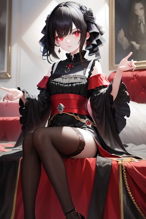 Image of A girl, black-haired, with red eyes, in a royal dress