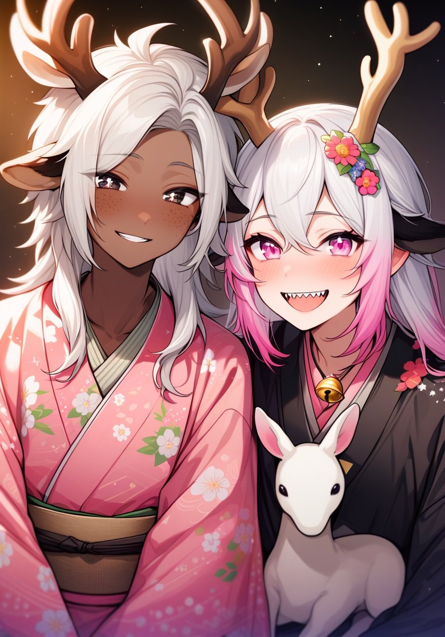 Image of an androgynous teenage boy Boy. Sweet gentle. Dark skin, white hair with pink tips. Shoulder-length hair. There are deer antlers and a unicorn horn on his head. Black freckles, big black deer ears. Pink palette. There are stars in his eyes. She is wearing a fl kimono. There is a bell around his neck. Sharp triangular teeth. Pink eyes. The face is cheerful, smiling.