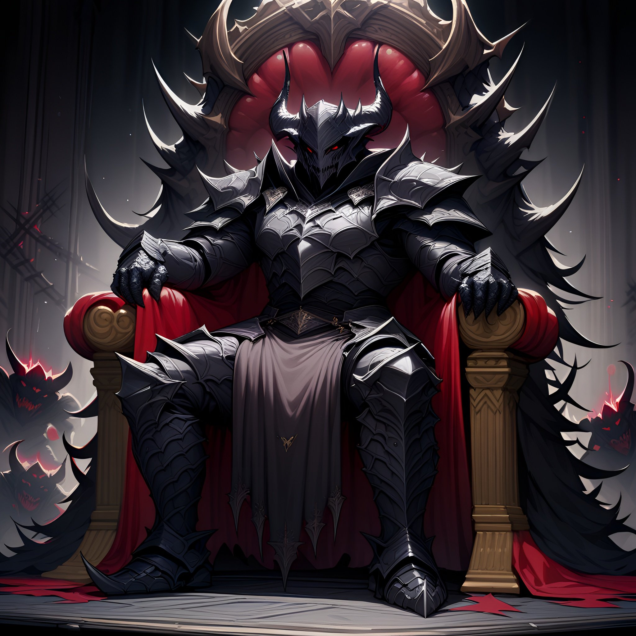 Image of 1man, solo, standing, demon, horns, demons armor++, cool armor+++, cool helmet++,  fantasy+++, demon lord+++++, sitting on the throne, 4k, 8k, ultra-detailed, high quality, high-detailed